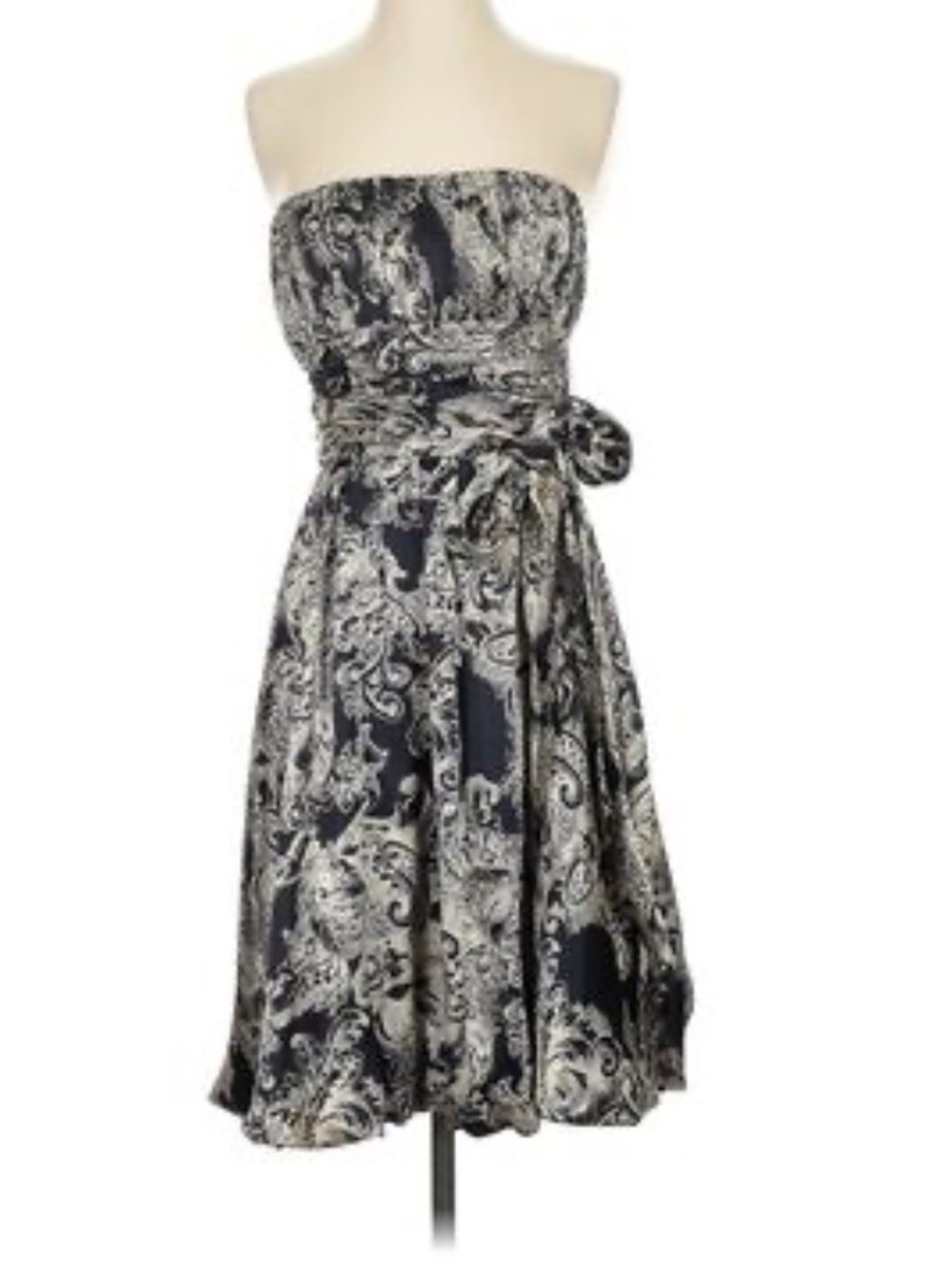 BCBGMaxAzria Strapless Black and Cream Paisley A-Line Dress